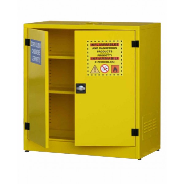 Armadio per liquidi infiammabili con 2 ante cieche + 2 ripiani + 1 vasca di fondo (lt.27) 