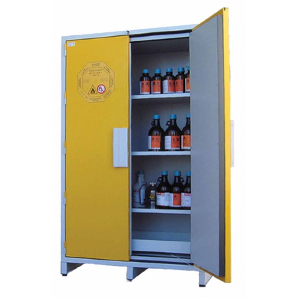 Armadio per liquidi infiammabili con 2 ante cieche + 3 ripiani + vasca di fondo alta resistenza al fuoco 