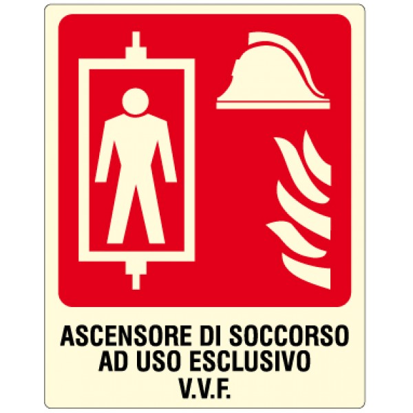 Cartello in alluminio formato mm 250x310 luminescente ascensore soccorso uso escluso v.v.f.