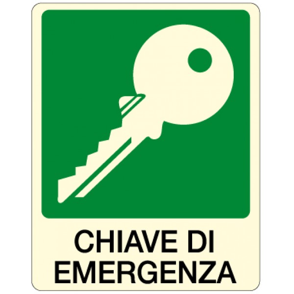 Cartello in alluminio formato mm 160x210 luminescente chiave di emergenza