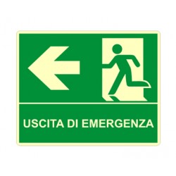 Cartello in alluminio formato mm 210x160 luminescente uscita emergenza sinistra
