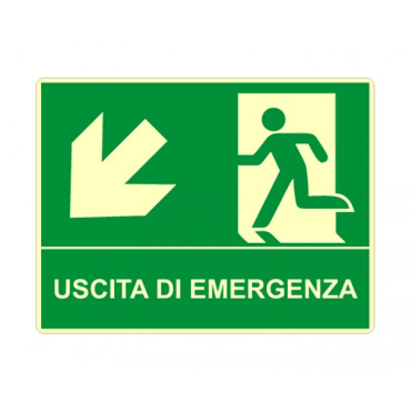 Cartello in alluminio formato mm 310x250 luminescente uscita di emergenza discesa sx