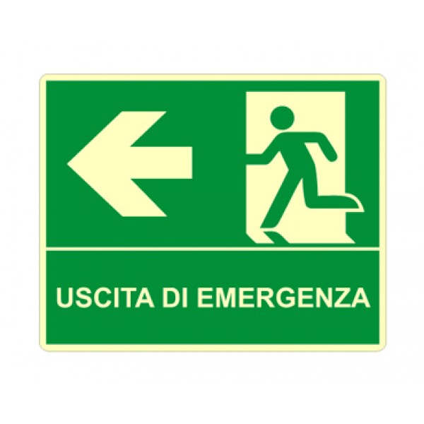 Cartello in alluminio formato mm 310x250 luminescente uscita emergenza sinistra