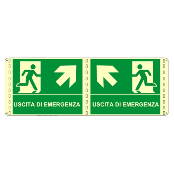 Cartello in alluminio formato mm 210x160 luminescente bifacciale uscita emergenza alto sx