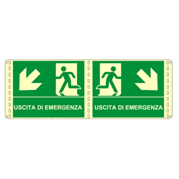 Cartello in alluminio formato mm 500x400 luminescente bifacciale uscita emergenza basso dx Cartello in alluminio formato mm 500x400 luminescente bifacciale uscita emergenza basso dx