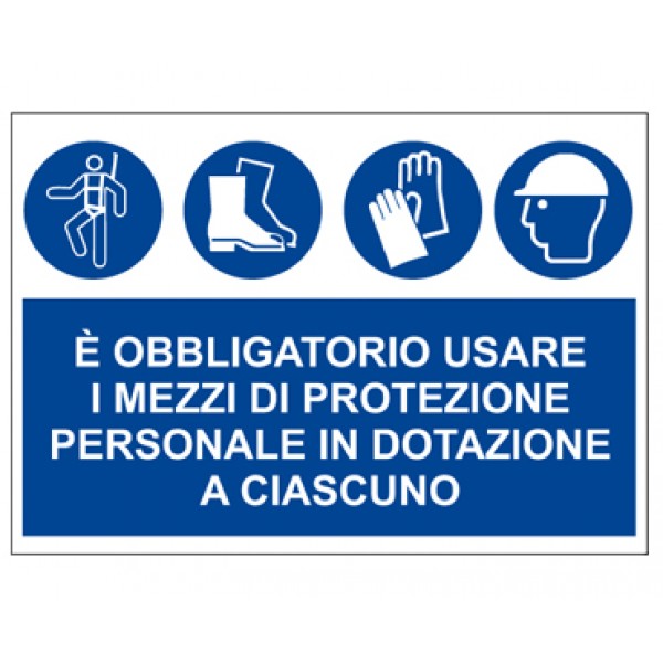 Cartello in alluminio formato mm 500x330 imbracatura scarpe guanti elmetto (dpi)