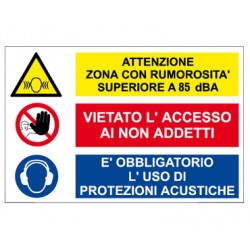 Cartello in alluminio formato mm 500x330 multisimbolo attenzione zona rumoros