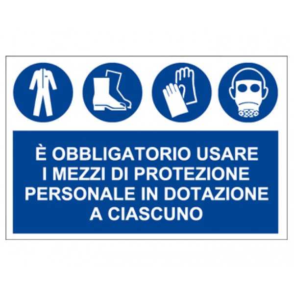 Cartello in alluminio formato mm 500x330 tuta scarpe guanti maschera (dpi)